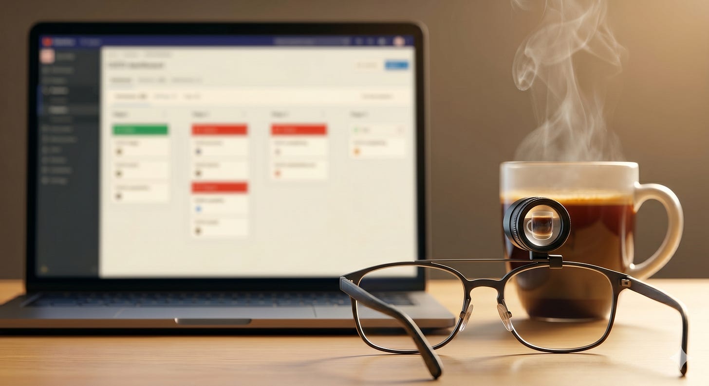 A pair of bioptic telescopic glasses resting on a wooden desk, with a small cylindrical telescope mounted near the top of the right lens. The telescope is angled toward a glass coffee mug with steam rising from it, sitting just behind and to the right of the glasses. In the background, a laptop displays a blurred dashboard with red and green status cards resembling a CI/CD pipeline. The glasses and mug are in sharp focus while the laptop screen remains soft, drawing attention to the human element over the technical one.