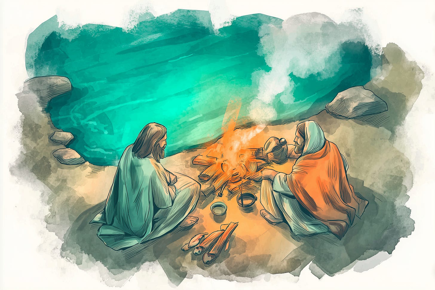 Jesus and Peter on the shores of Galilee after Jesus's Resurrection. Jesus forgives Peter three times.