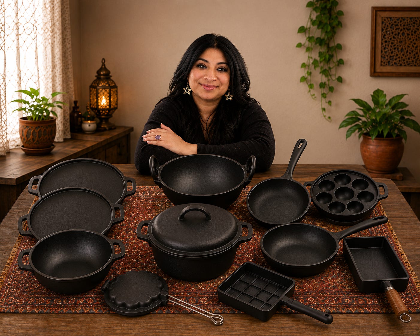 A woman sits behind a table filled with black cast iron cookware, including tawas, kadais, skillets, and specialty pans, arranged on a patterned textile in a warm, plant-filled room.