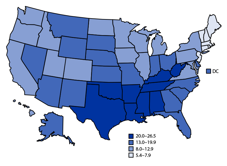 a map of the united states by pregnancy rate, with the south and other red states showing much higher rates than blue states for the most part