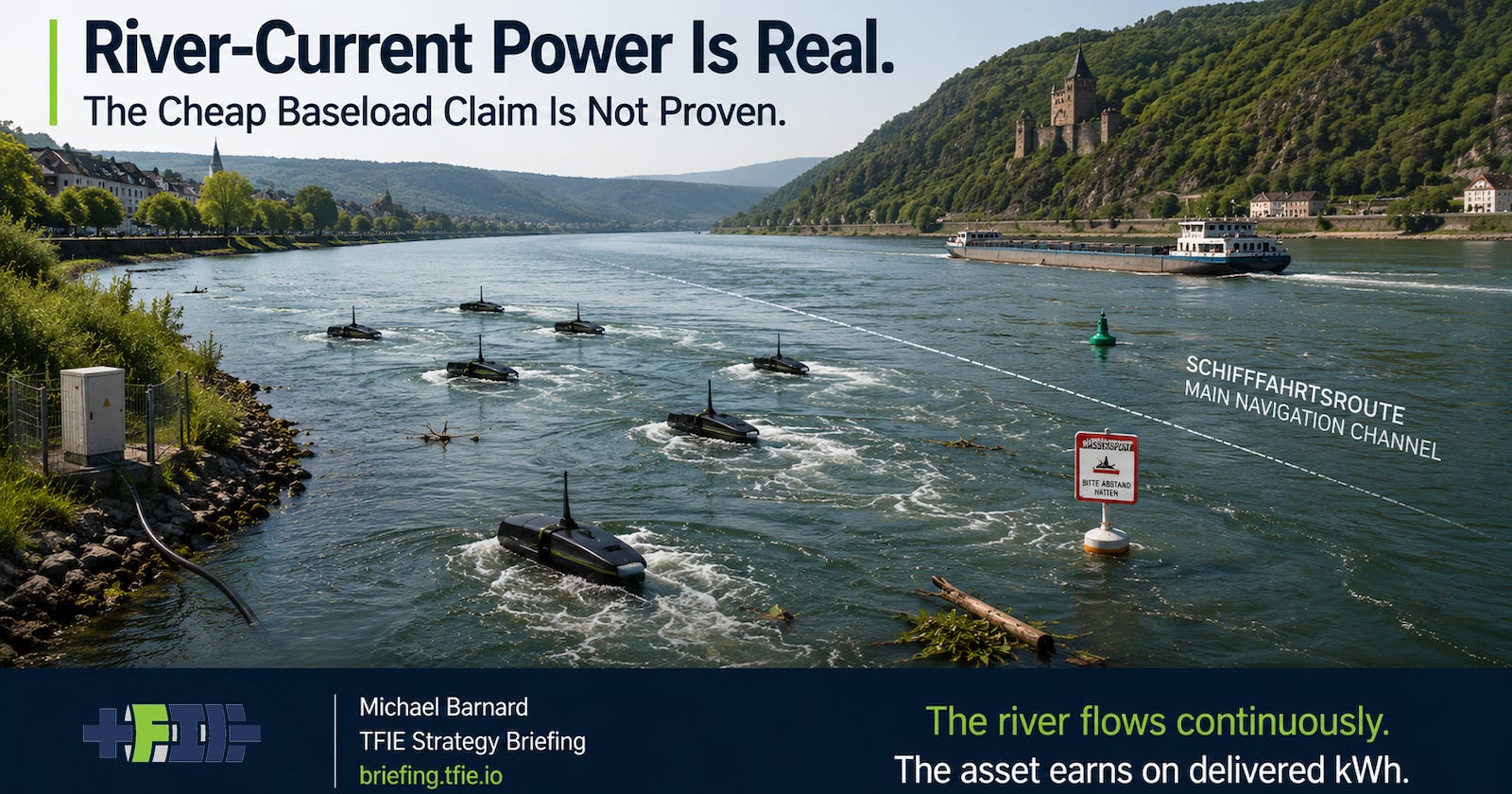 River-current turbines create wakes in a busy river, with a filter from gross flow to delivered electricity. River-current turbines create wakes in a busy river, with a filter from gross flow to delivered electricity.