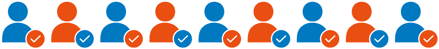 Pattern of red and blue generic user icons arranged in rows, each accompanied by a checkmark in a circular badge, alternating colors. The image represents a concept of verified or approved users, with a uniform and stylized design.