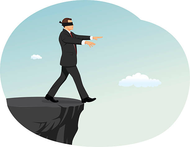 Blindfolded businessman Blindfolded businessman is searching a path near a deep precipice. Business risk and bankruptcy. blindfolded man walking on road stock illustrations