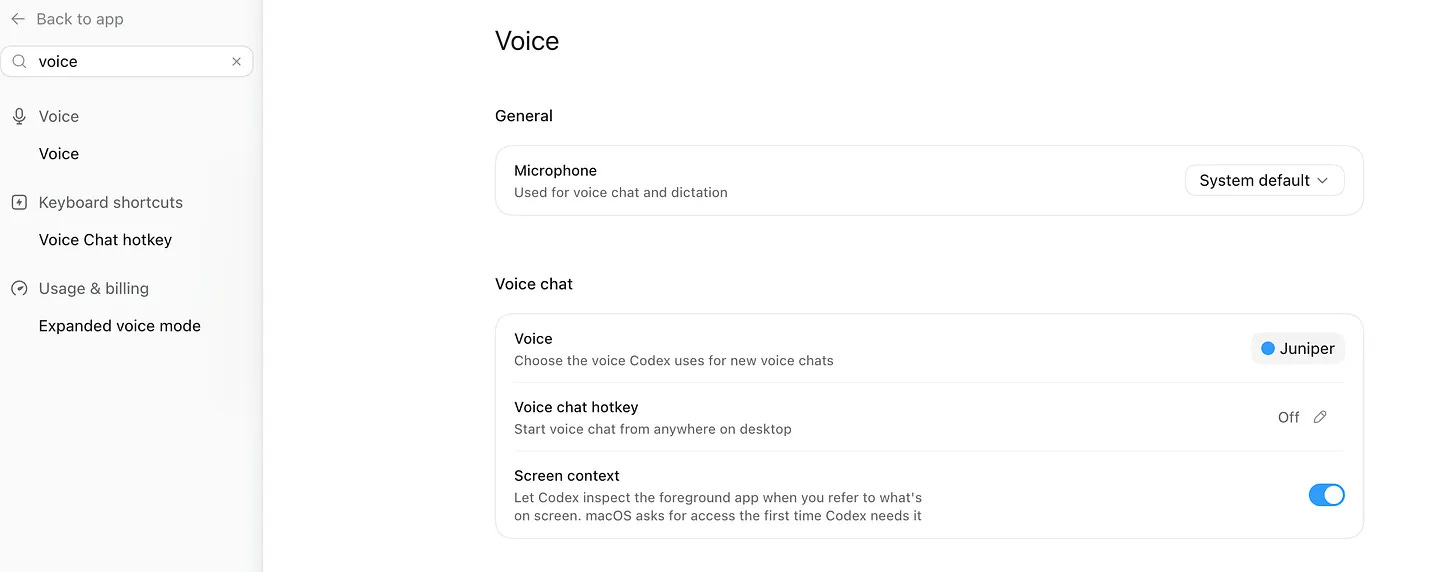Codex voice settings with Juniper selected and screen context enabled