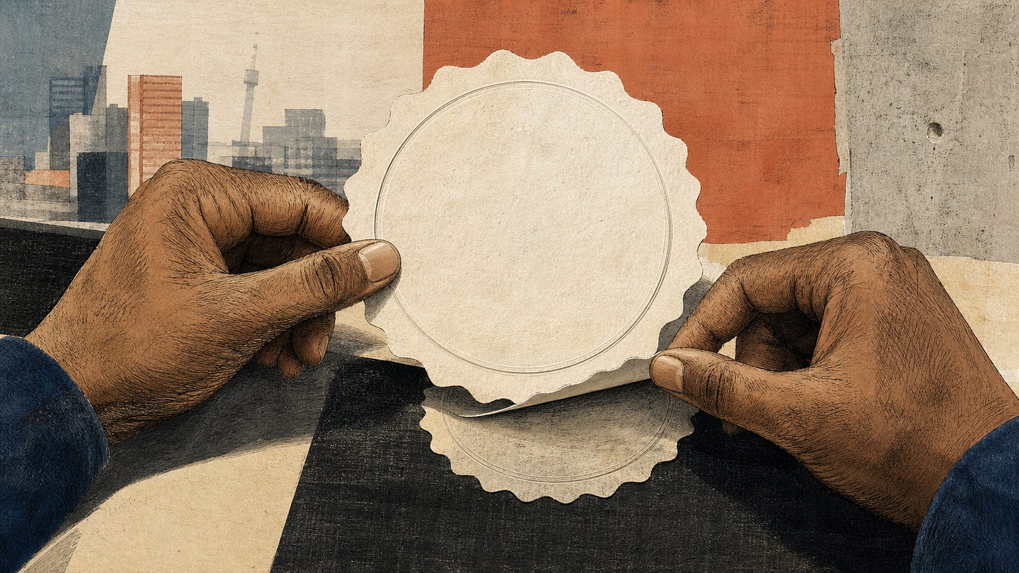 Two hands hold a blank seal over its reflection against a Johannesburg skyline