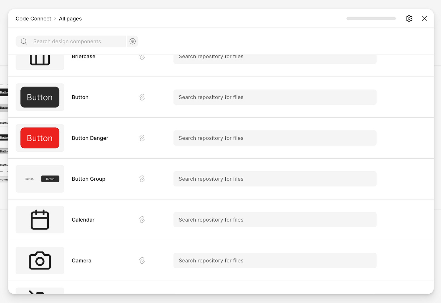 A screenshot of a design tool interface showing a “Code Connect” panel titled “All pages.” The panel lists various UI components such as Button, Button Danger, Button Group, Calendar, and Camera, each with an icon preview and a search field labeled “Search repository for files.” A search bar at the top allows users to search design components within the project. A screenshot of a design tool interface showing a “Code Connect” panel titled “All pages.” The panel lists various UI components such as Button, Button Danger, Button Group, Calendar, and Camera, each with an icon preview and a search field labeled “Search repository for files.” A search bar at the top allows users to search design components within the project.