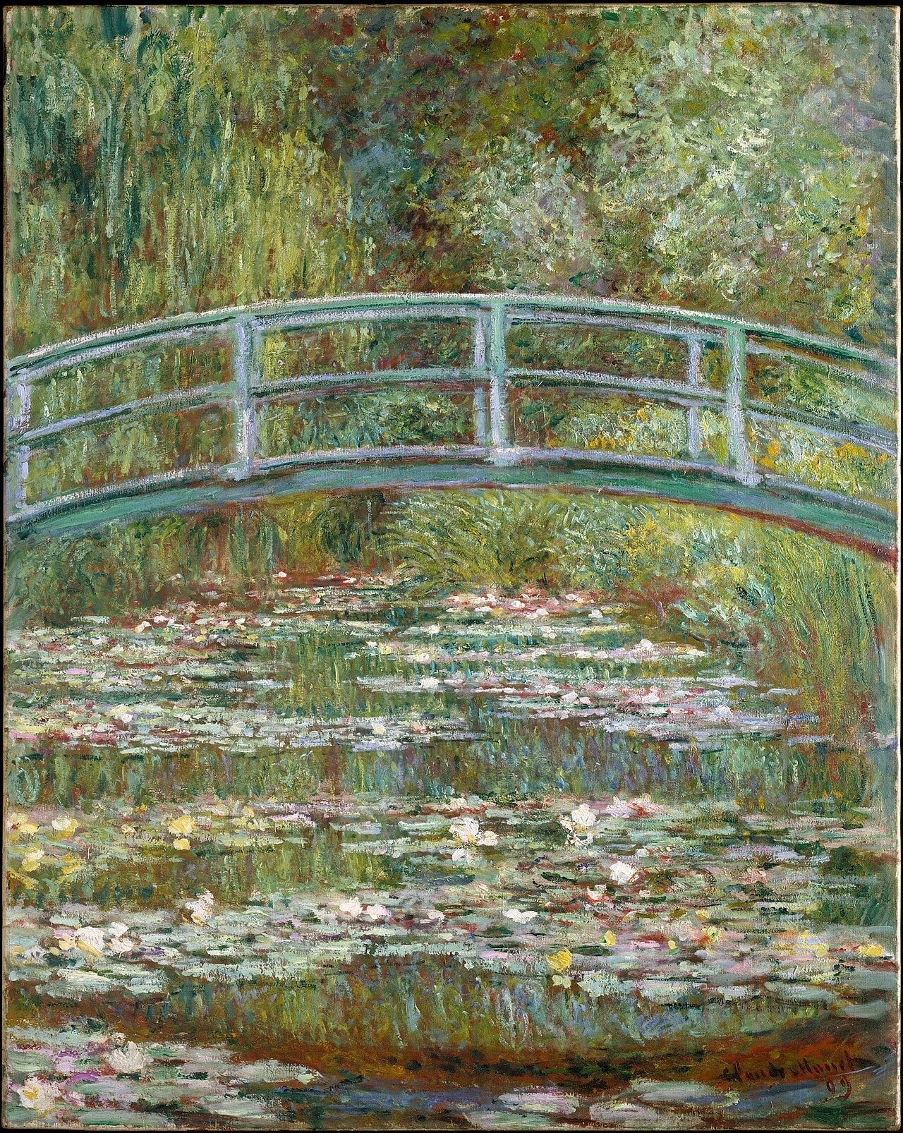 Monet's Bridge over a Pond of Water Lilies: an arched footbridge crossing a pond of water lilies, with foliage on both banks Monet's Bridge over a Pond of Water Lilies: an arched footbridge crossing a pond of water lilies, with foliage on both banks