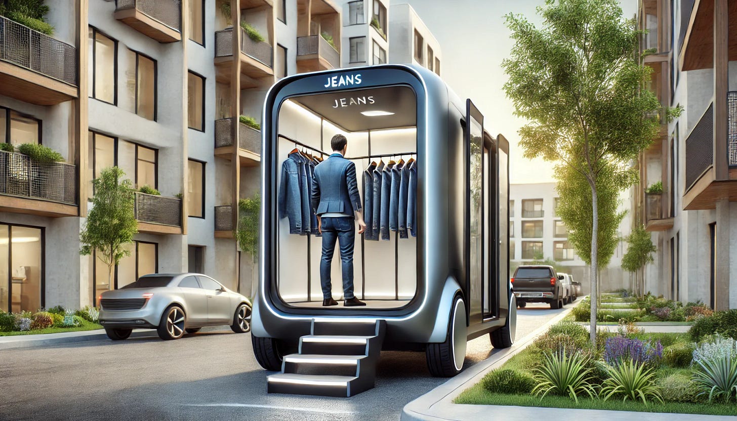 A futuristic scene of a self-driving van in a residential urban setting, with a single man shopping for jeans. The van has a sleek, modern design with a designated changing room inside, visible through a large glass window. Jeans are neatly displayed inside the van. The man is seen entering the changing room, ready to try on jeans. The surrounding buildings are modern residential apartments with balconies, greenery, and clean, simple designs. The focus is on convenience, innovation, and a unique jeans shopping experience in a stylish, futuristic neighborhood. A futuristic scene of a self-driving van in a residential urban setting, with a single man shopping for jeans. The van has a sleek, modern design with a designated changing room inside, visible through a large glass window. Jeans are neatly displayed inside the van. The man is seen entering the changing room, ready to try on jeans. The surrounding buildings are modern residential apartments with balconies, greenery, and clean, simple designs. The focus is on convenience, innovation, and a unique jeans shopping experience in a stylish, futuristic neighborhood.