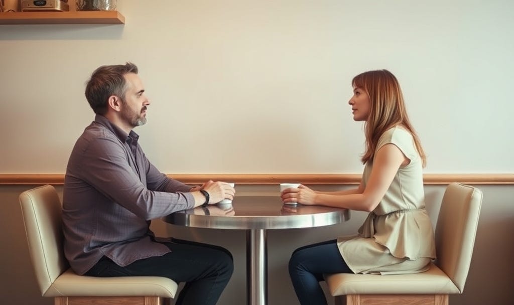 Two people sitting across from each other at a small table with an empty space between them, symbolizing unspoken thoughts and emotional distance in conversation. Two people sitting across from each other at a small table with an empty space between them, symbolizing unspoken thoughts and emotional distance in conversation.