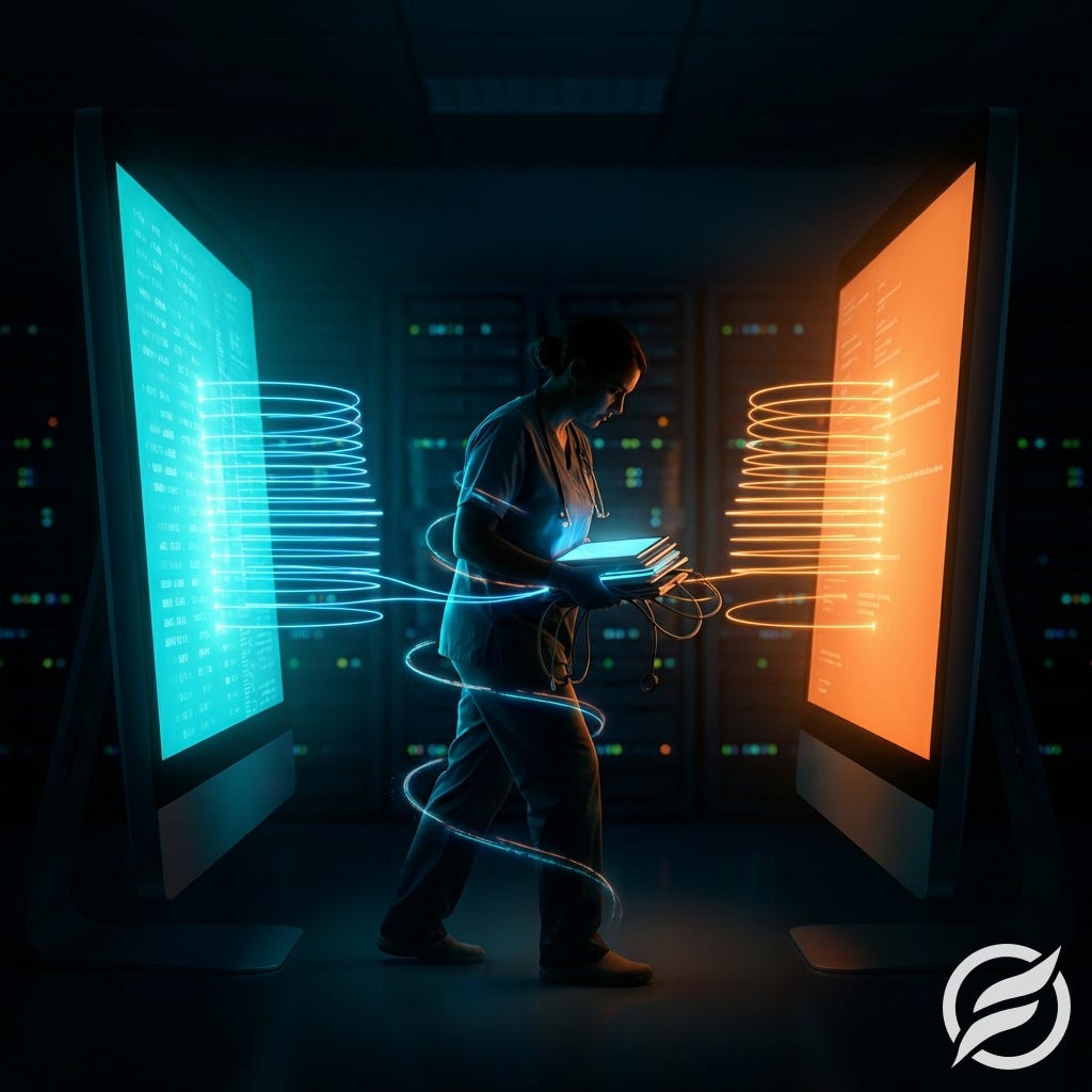 Diagram showing manual bridge workflow between scribe and billing systems