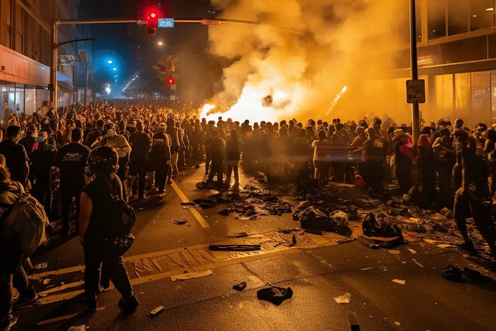 A large crowd on a street at night with a fire and smoke visible amidst the chaos A large crowd on a street at night with a fire and smoke visible amidst the chaos