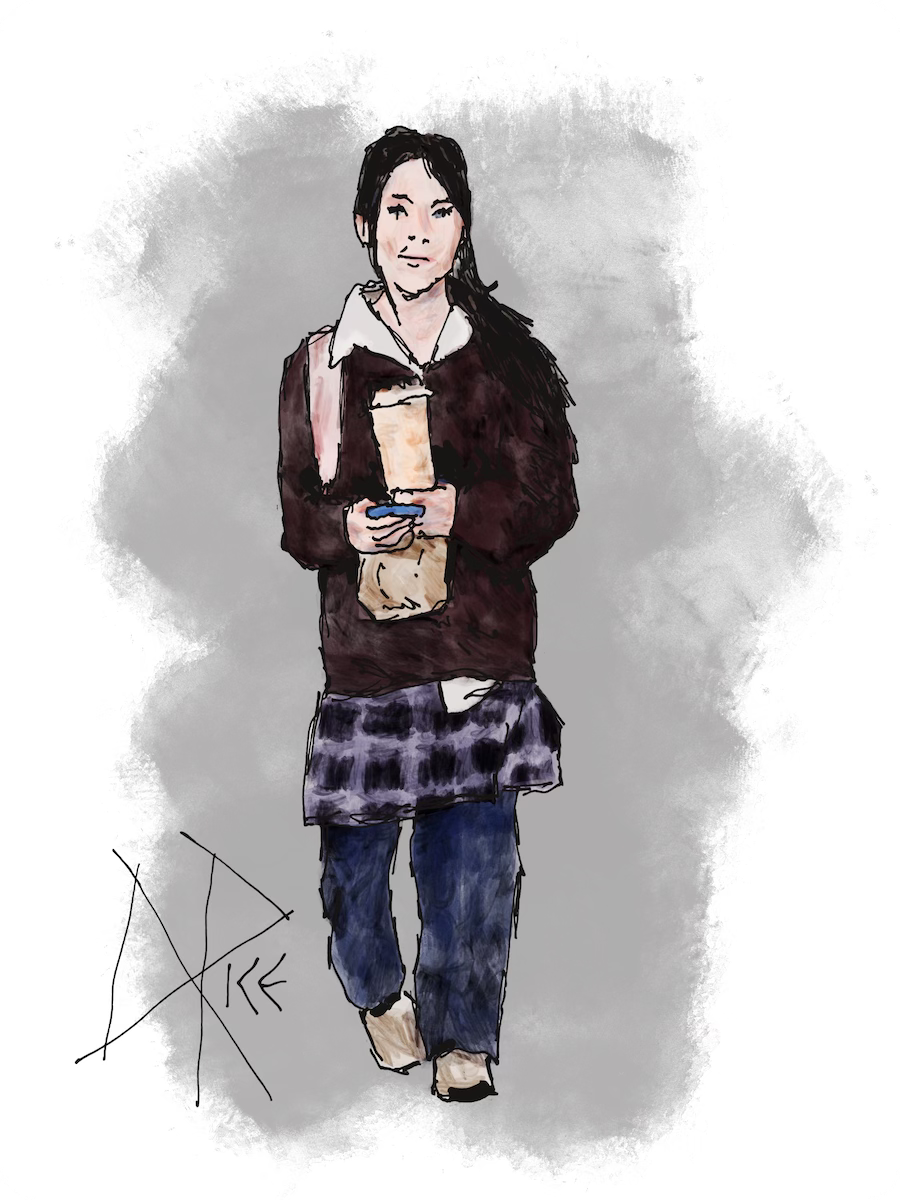 Now prepared to complete her trek to school, a teen girl walks away from a fast food restaurant while balancing her phone, large cappuccino and bagged breakfast donut. Sketch art by Don Rice. Now prepared to complete her trek to school, a teen girl walks away from a fast food restaurant while balancing her phone, large cappuccino and bagged breakfast donut. Sketch art by Don Rice.