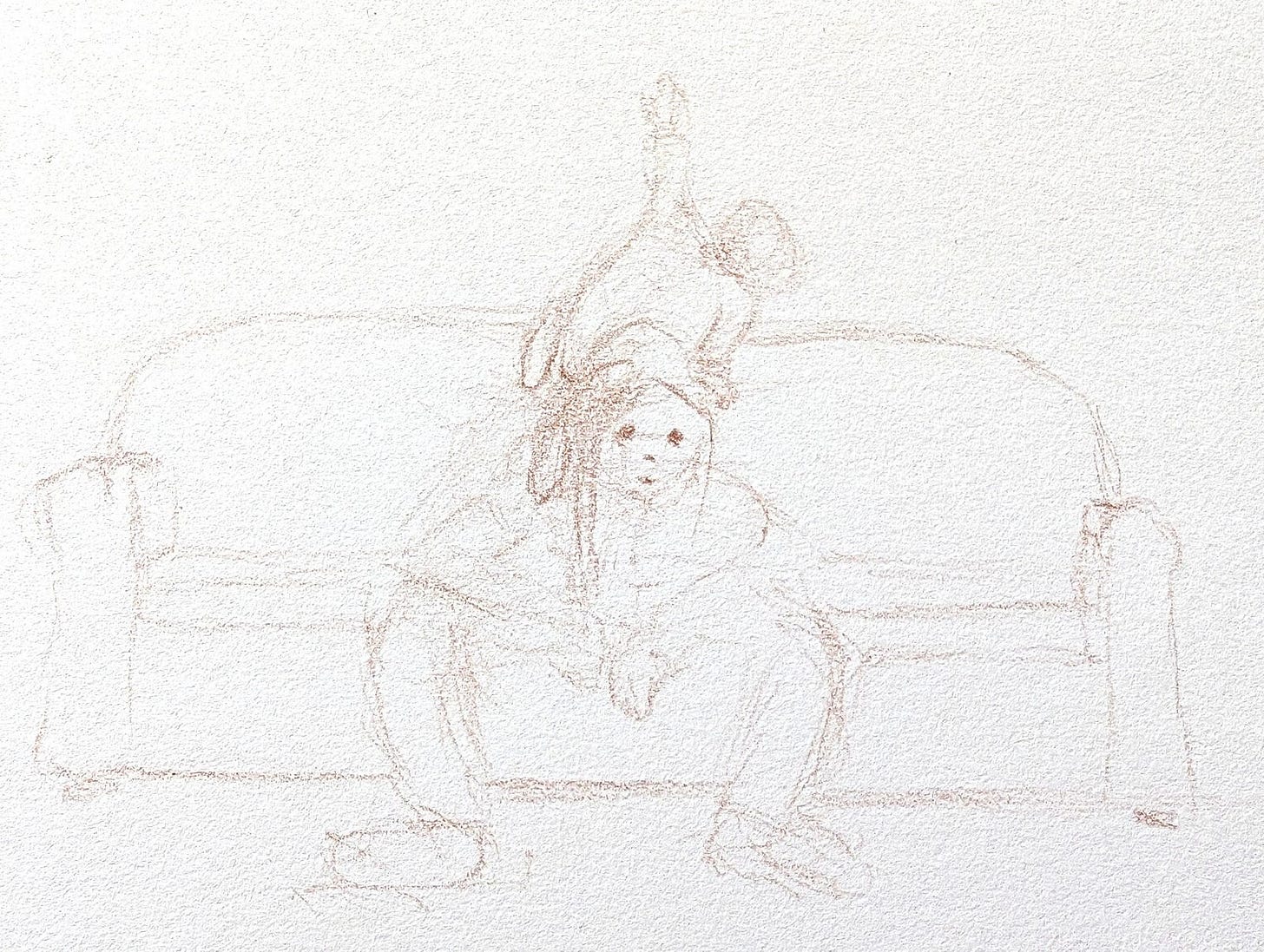 Pencil sketch of a woman on a couch with a toddler climbing on her head and shoulders