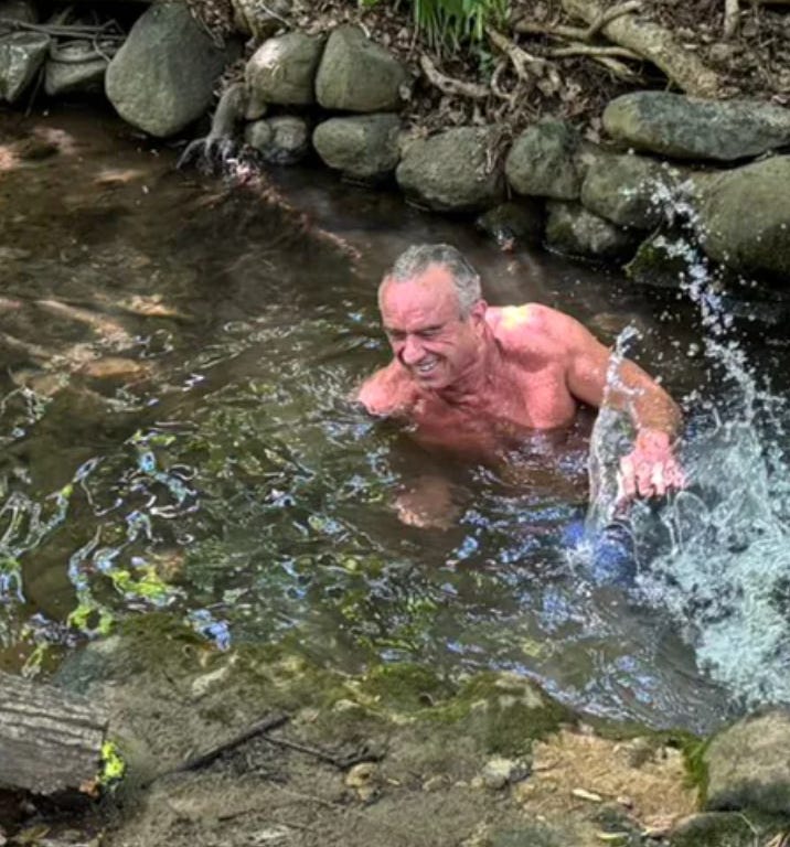 RFK, Jr. swimming in sewage in Rock Creek, white man splashing in a pond with water, moss and sticks