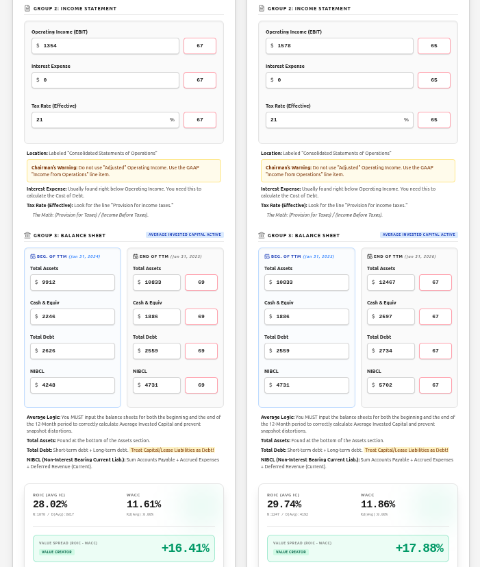 Financial calculator showing Autodesk (ADSK) Return on Invested Capital (ROIC) at 29.74% and WACC at 11.86% for fiscal year 2025, yielding a value spread of +17.88%. Financial calculator showing Autodesk (ADSK) Return on Invested Capital (ROIC) at 29.74% and WACC at 11.86% for fiscal year 2025, yielding a value spread of +17.88%.