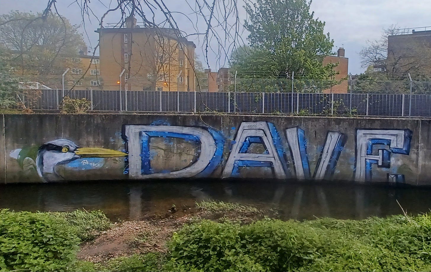 Mural next to River Ravensbourne of a heron's head and the name Dave Mural next to River Ravensbourne of a heron's head and the name Dave