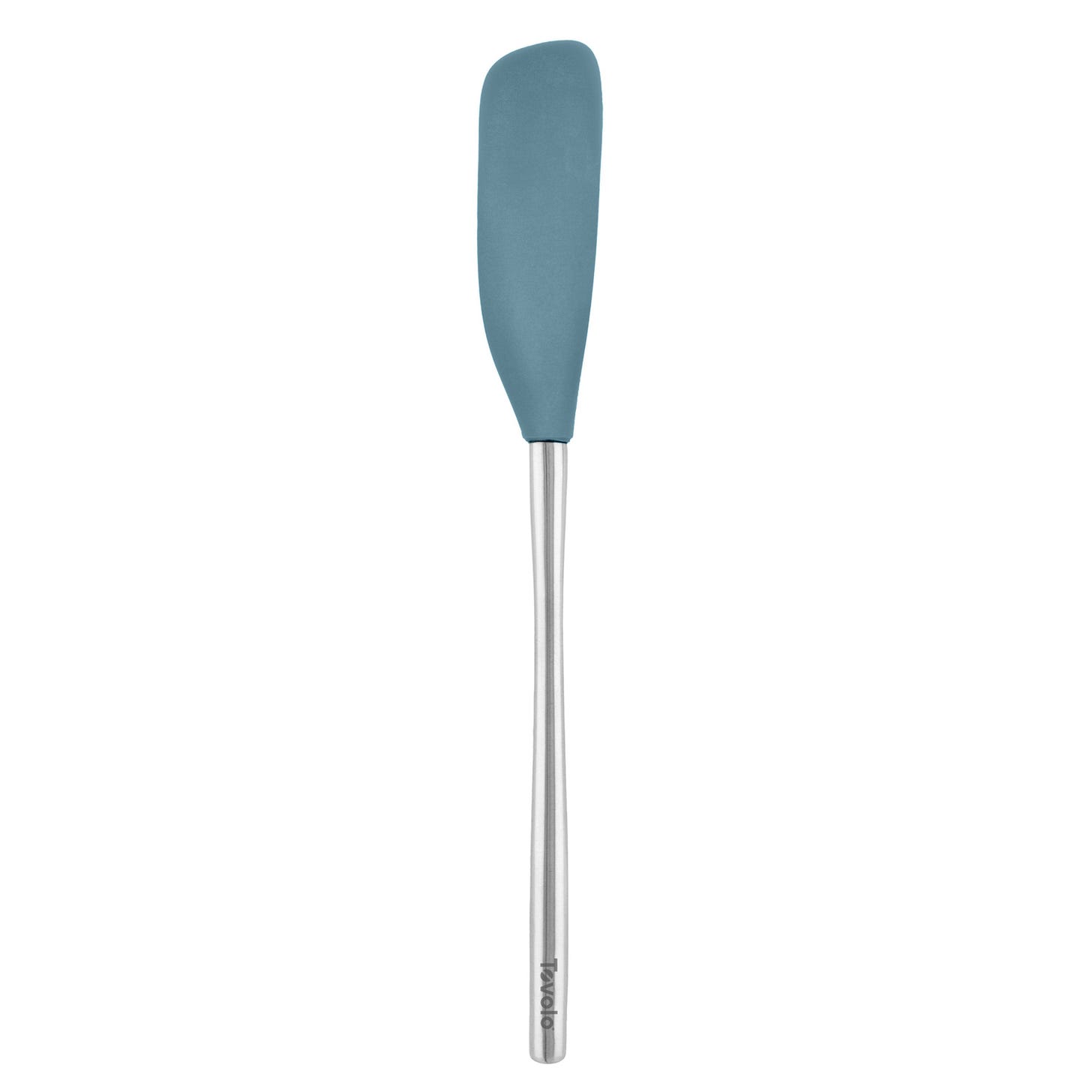 The tovolo Flex-Core Silicone Jar Scraper features a long metal handle and a blue, rounded silicone head—ideal for scraping jars. This versatile kitchen tool is displayed against a white background.