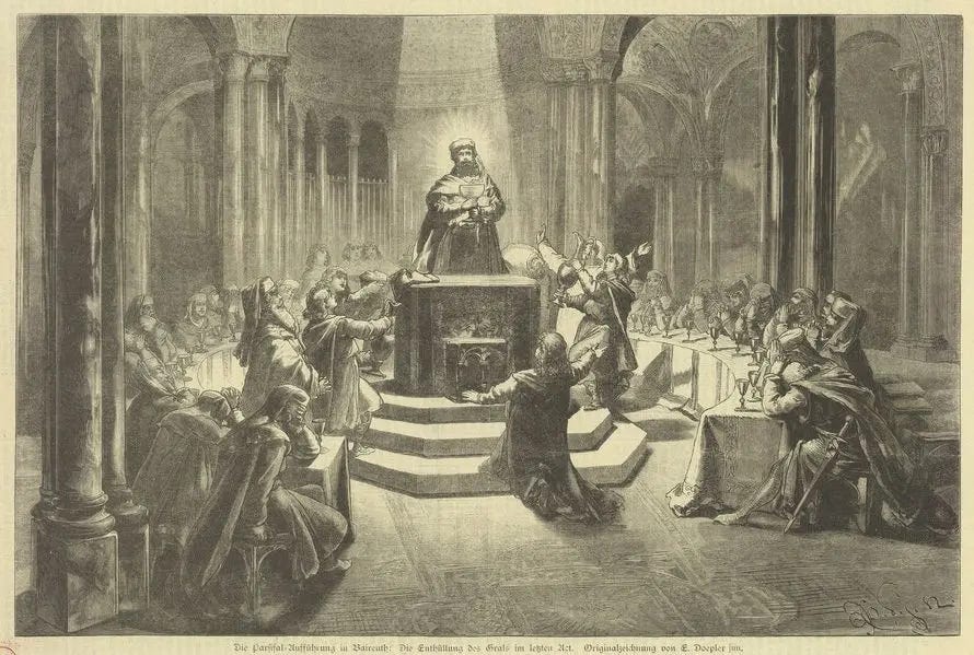 Parsifal reveals the Grail. A scene from the original Bayreuth production. Emil Doepler.