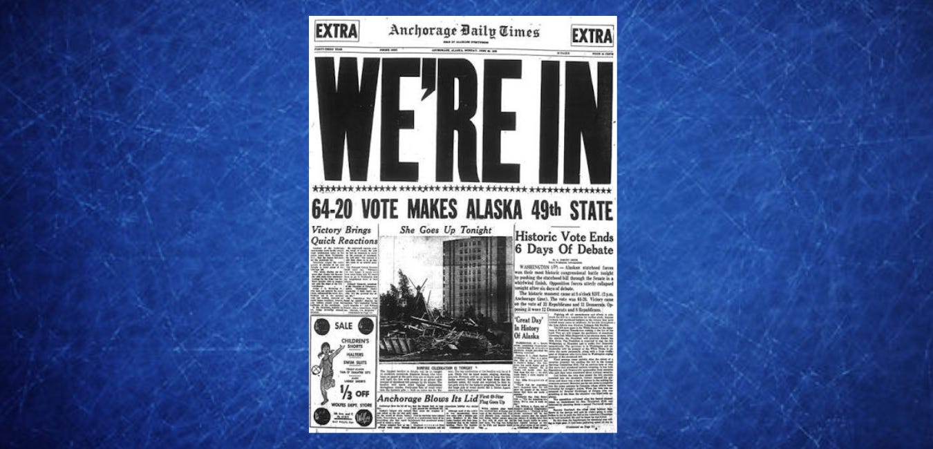 Anchorage Daily Times newspaper headline celebrating Alaska Statehood.