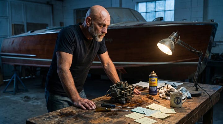 Left: Workshop — dark, amber-toned, close and claustrophobic. Brad's hands on metal. Smoke. Grit. Right: MasterCraft Showroom — clean, high-key white light, sterile precision. A gleaming hull.