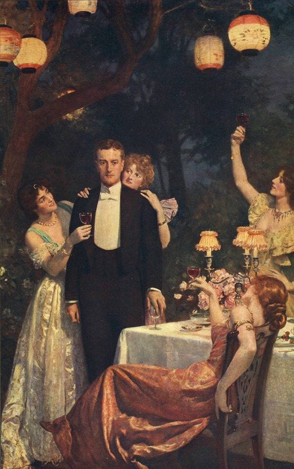This may contain: a painting of a man and two women at a dinner table