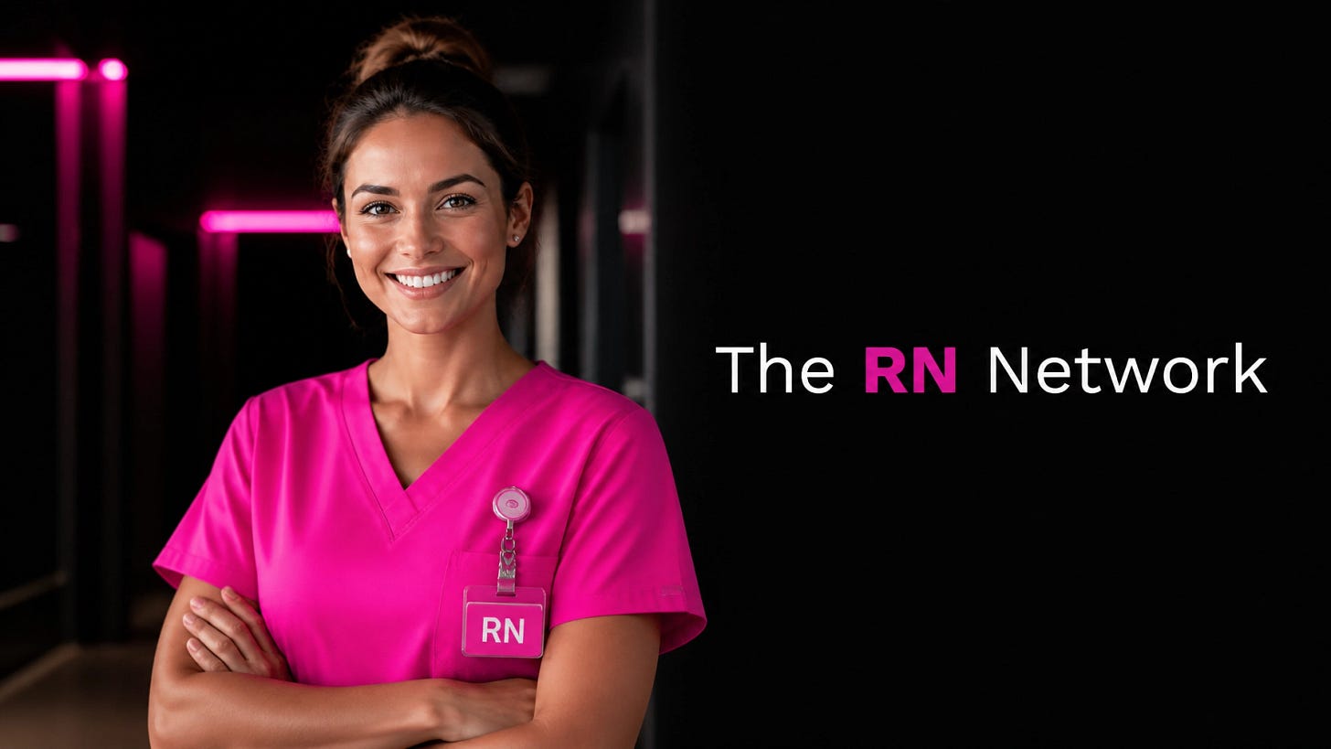 Registered nurse wearing a pink scrub top holding a tablet
