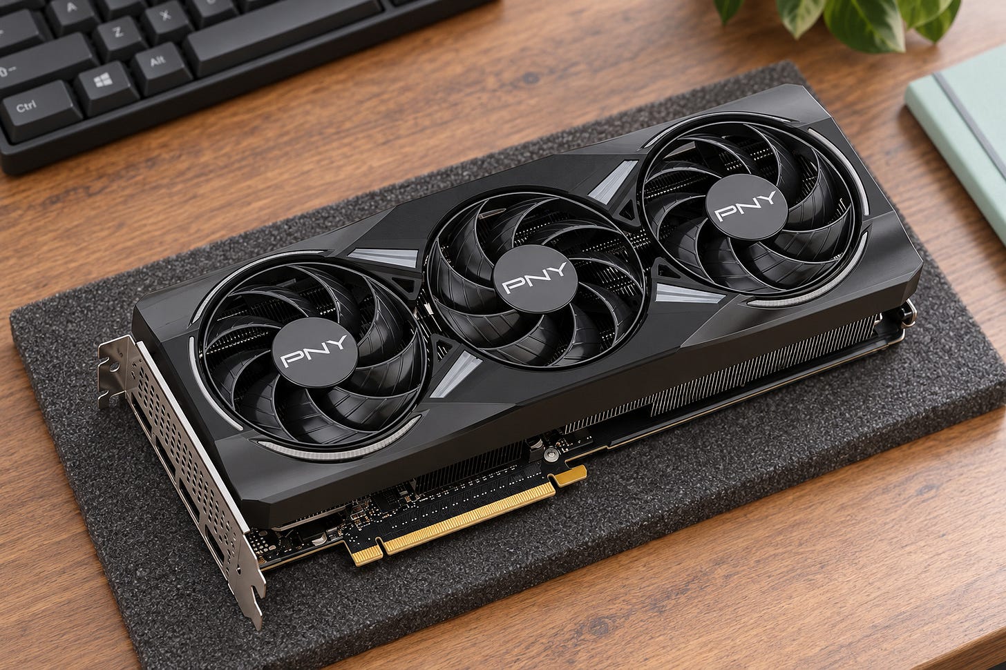 PNY GeForce RTX 5070 EPIC-X RGB OC 12GB graphics card resting on a desk for SDXL and ComfyUI image generation PNY GeForce RTX 5070 EPIC-X RGB OC 12GB graphics card resting on a desk for SDXL and ComfyUI image generation