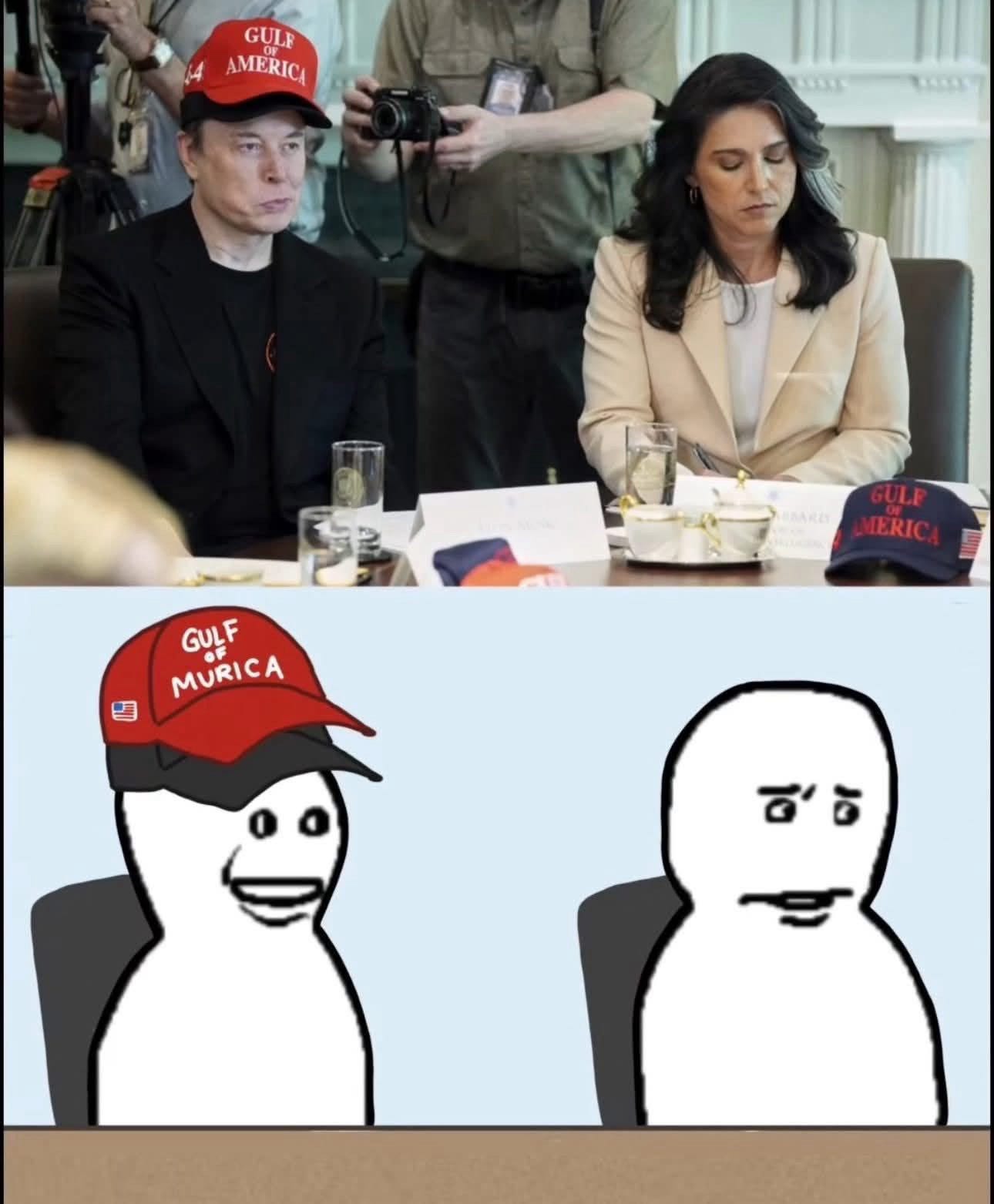 elon musk wearing two hats sitting next to tulsi gabbard  