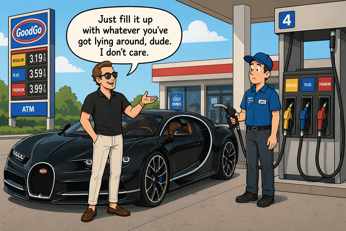Cartoon of a confident man next to a black Bugatti at a "GoodGo" gas station telling the attendant "Just fill it up with whatever you've got lying around, dude. I don't care." — an analogy for building a sophisticated test harness while leaving the eval metrics to chance.