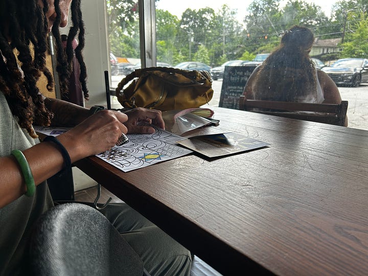 Multiple images of people at a neutral toned cafe, coloring on coloring pages