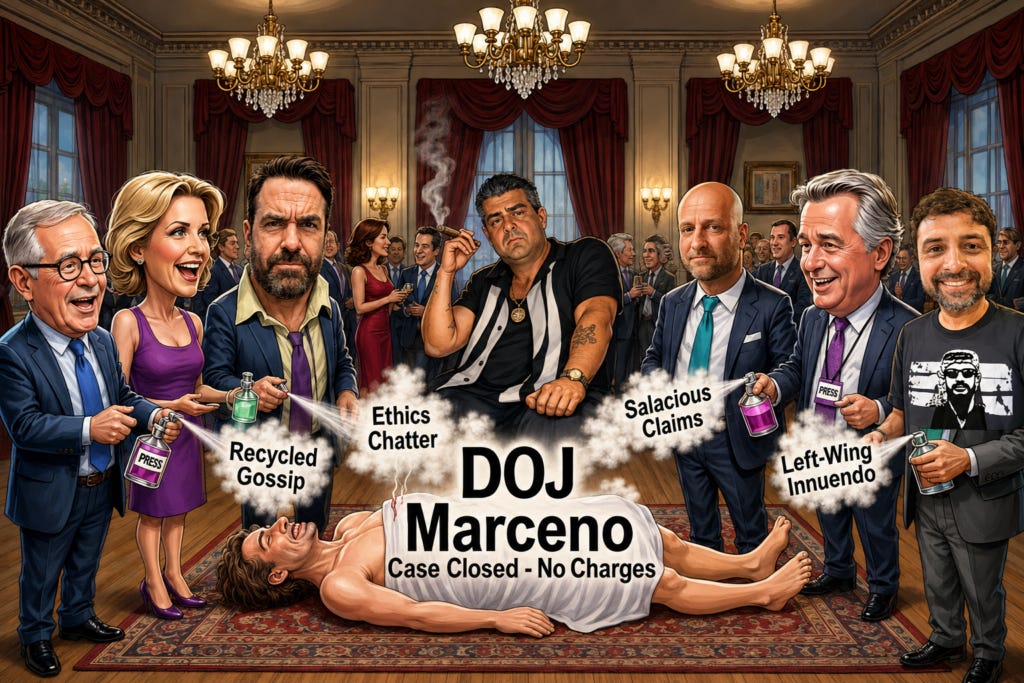 The Marceno Smear: DOJ closed the Marceno case. Now critics recycle gossip, grudges, and innuendo as scandal. The smear was always the story. The Marceno Smear: DOJ closed the Marceno case. Now critics recycle gossip, grudges, and innuendo as scandal. The smear was always the story.