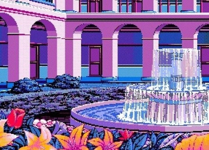 This may contain: an image of a fountain with flowers in front of it