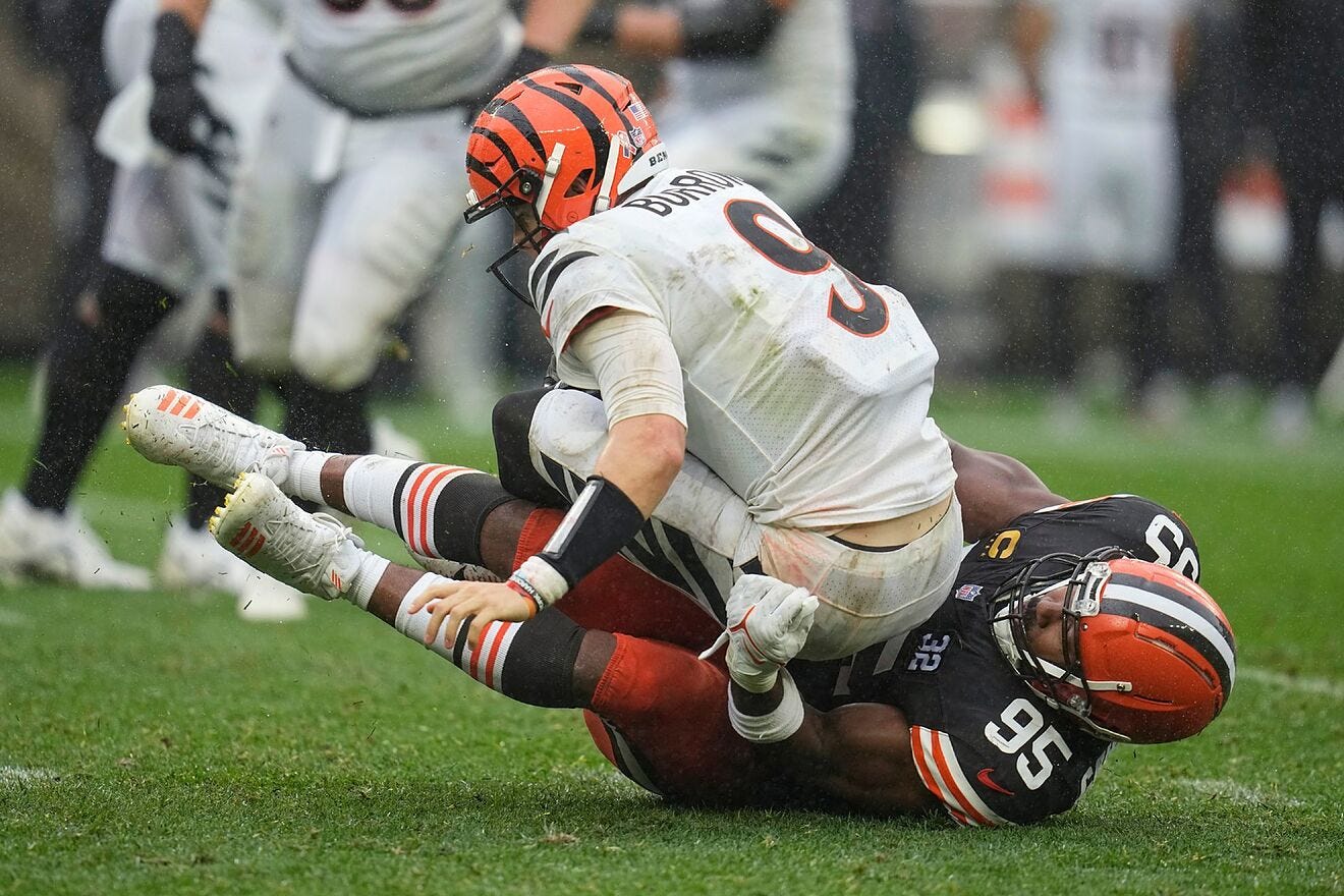 Browns EDGE Myles Garrett sacks Cincinnati Bengals QB Joe Burrow on the way to a Browns victory.