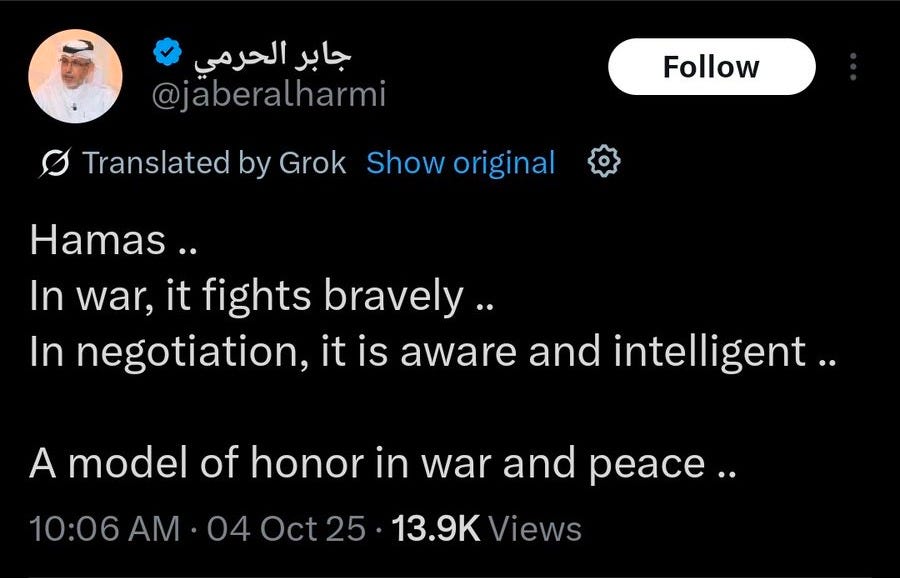 A screenshot of a Twitter post by Jaber al-Harmi. The post includes text praising Hamas, translated by Grok, with options to show the original Arabic text. Visible elements include Jaber al-Harmi\'s profile picture, a follow button, and timestamps.