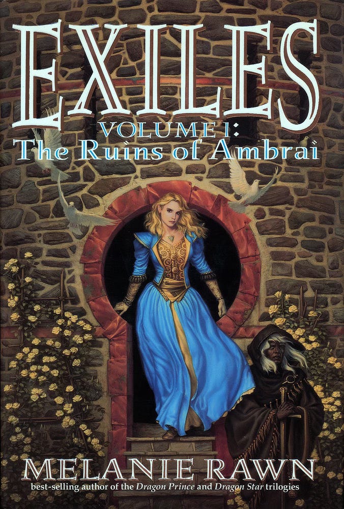 Book cover for EXILES: THE RUINS OF AMBRAI by Melanie Rawn, published by DAW Books.