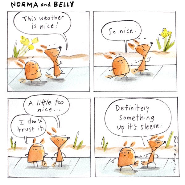 Norma and Belly squirrels walk along and say the weather is so nice. Norma thinks its a little too nice. The squirrels look suspicious. Norma says the there’s definitely something up its sleeve.