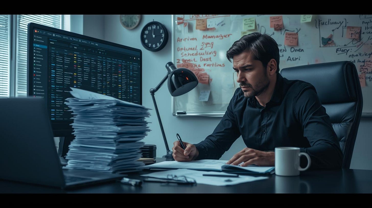 Recruiter reviewing many resumes at a busy office desk with ATS dashboard. Recruiter reviewing many resumes at a busy office desk with ATS dashboard.