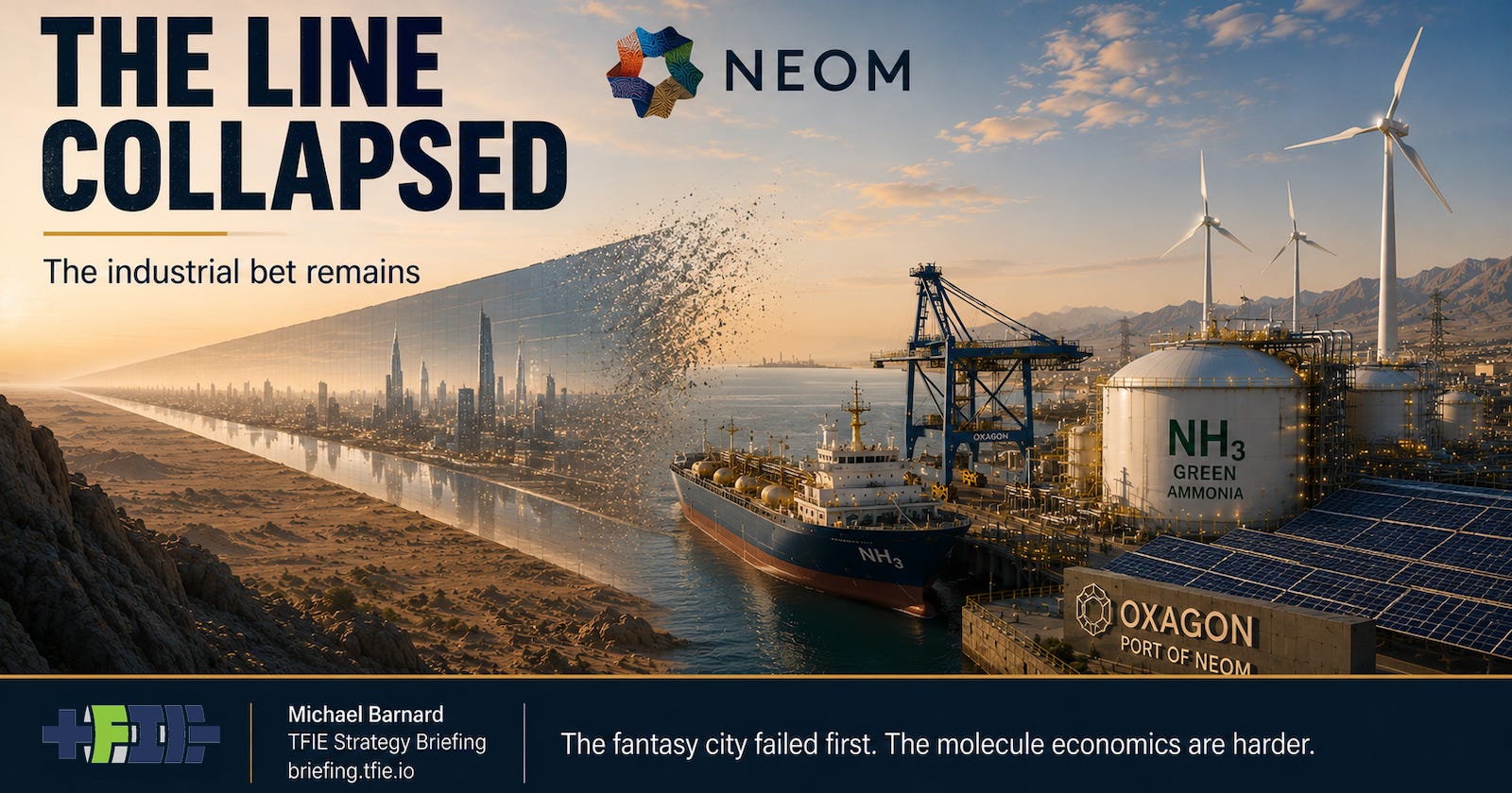 Graphic contrasts The Line’s fading mirrored city with Oxagon’s port, renewables and ammonia infrastructure.