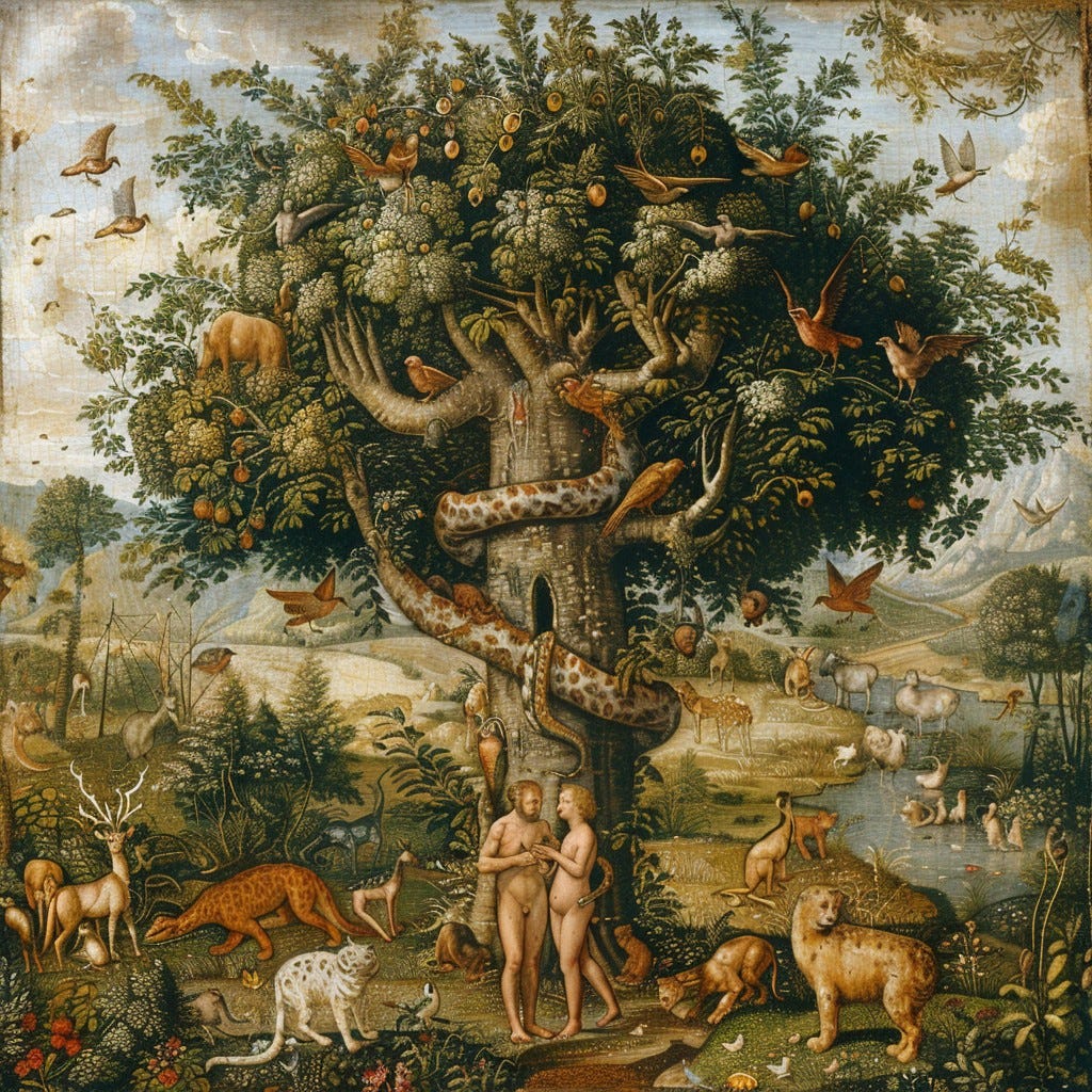 An intricate painting depicting the biblical Eden with Adam, Eve, and various animals around them An intricate painting depicting the biblical Eden with Adam, Eve, and various animals around them