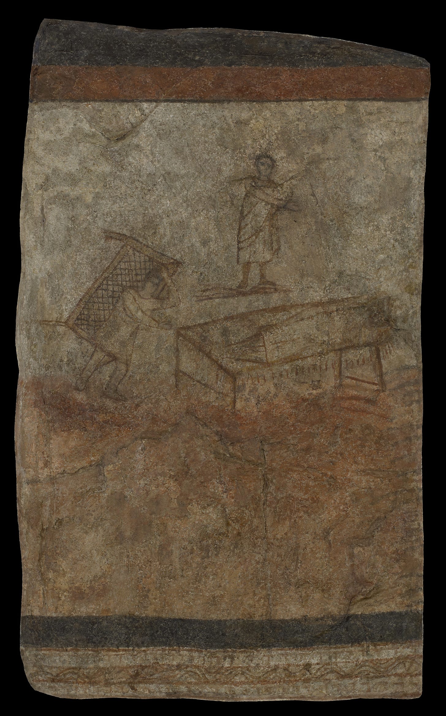A faded wall painting in reds and ochres: a young beardless man in a tunic stands over a man lying on a bed, and the same man walks away with the bed on his back. A faded wall painting in reds and ochres: a young beardless man in a tunic stands over a man lying on a bed, and the same man walks away with the bed on his back.