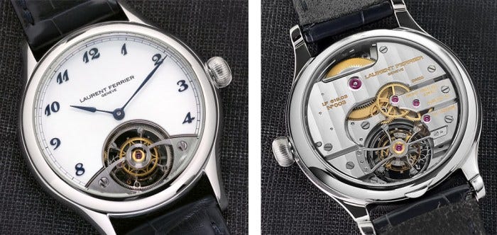 Turning modern tourbillon design on its head, the back of the mechanism is visible from on the dial side, and the front can be seen through the caseback. Turning modern tourbillon design on its head, the back of the mechanism is visible from on the dial side, and the front can be seen through the caseback.