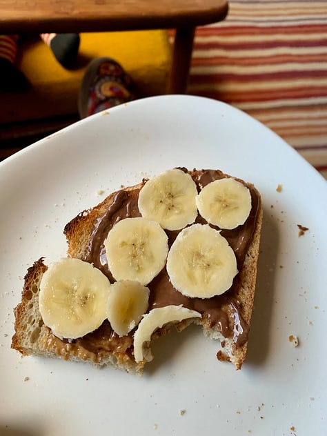 three photos in a row - a tarot card reading, bananas on toast, and frothy waves on the shore
