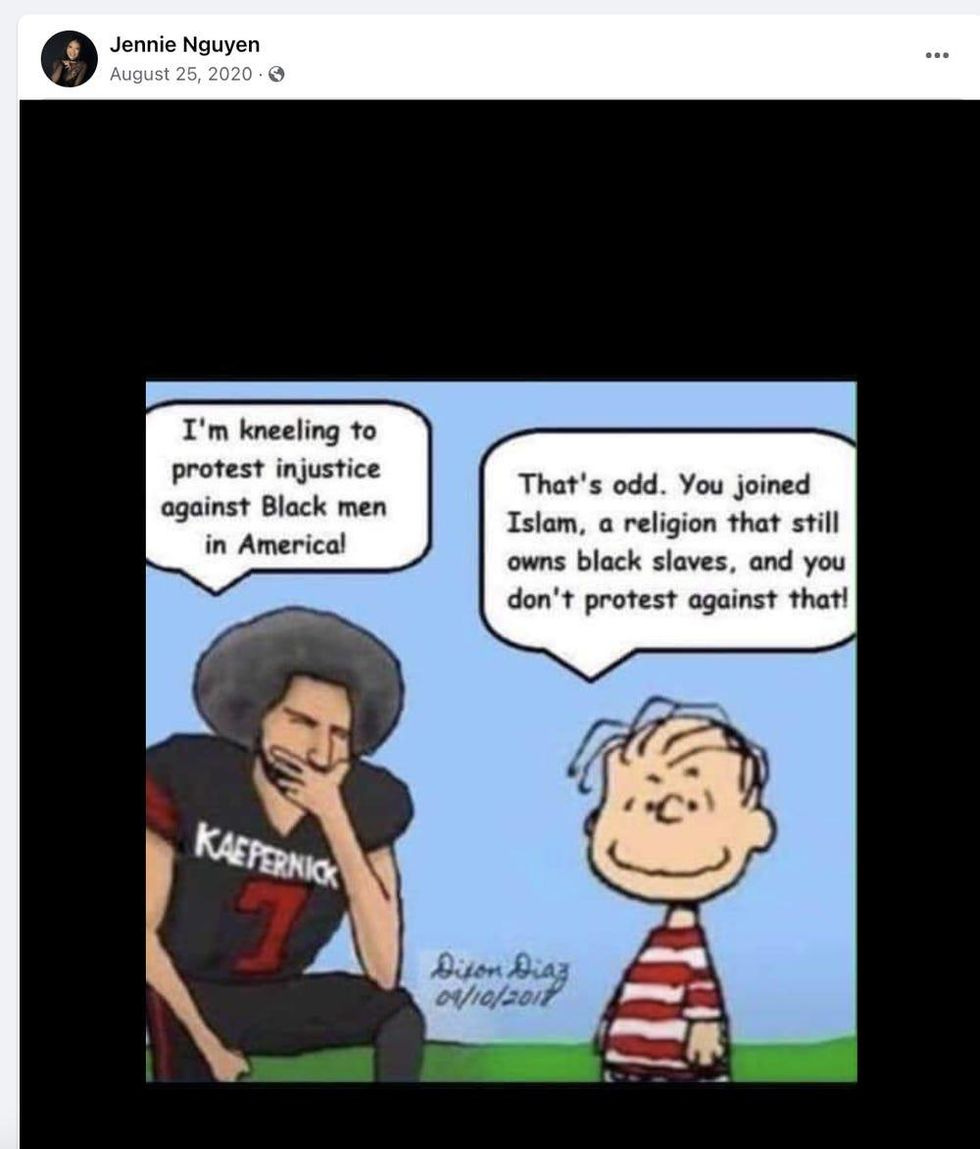 Colin Kaepernick: I'm kneeling to protest injustice against Black men in America! Linus from Peanuts: That's odd. You joined Islam, a religion that still owns black slaves and you don\u2019t protest against that. Colin Kaepernick: I'm kneeling to protest injustice against Black men in America! Linus from Peanuts: That's odd. You joined Islam, a religion that still owns black slaves and you don\u2019t protest against that.