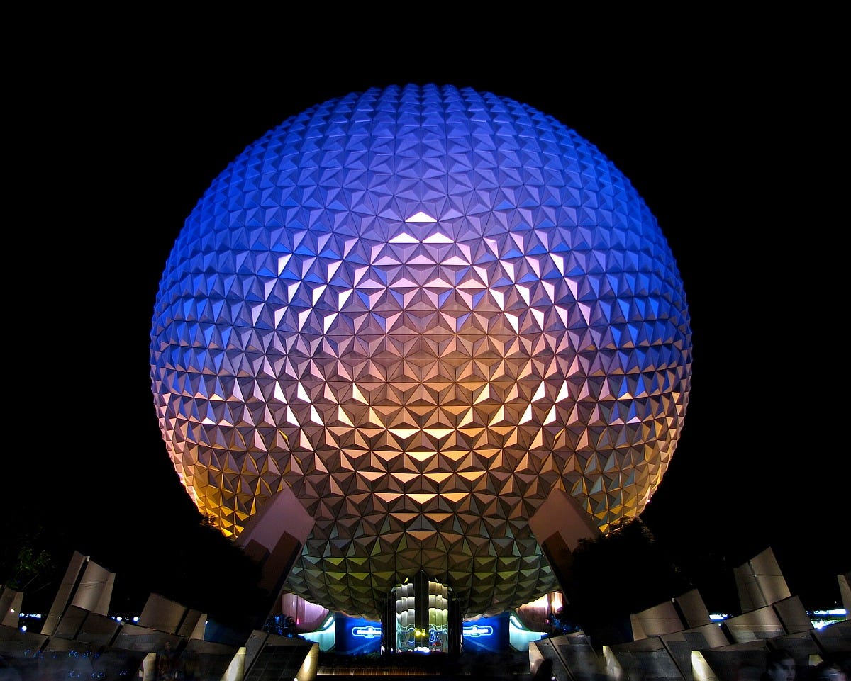 Spaceship Earth lit up at night. Image: Benjamin D. Esham via Wikimedia Commons Spaceship Earth lit up at night. Image: Benjamin D. Esham via Wikimedia Commons