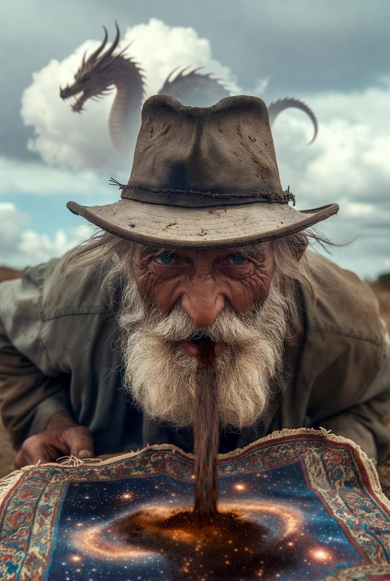 A candid photograph of Phineas McFuddlers in an outdoor setting, spitting on a rug with a surreal background.