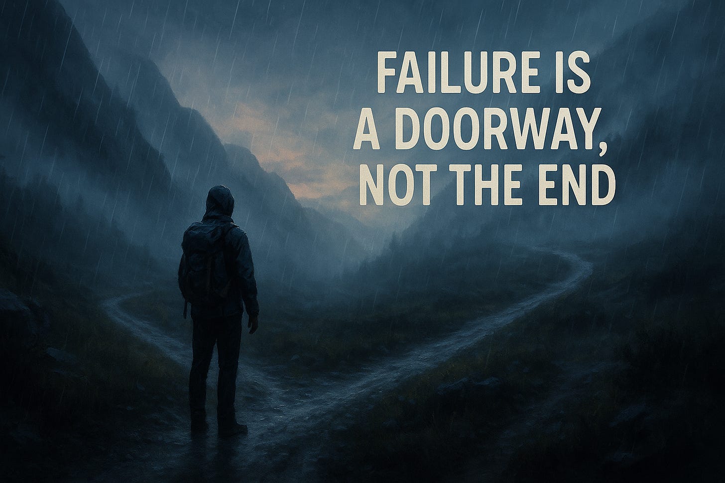 A hiker stands at a fork in a misty mountain path, reflecting on direction.