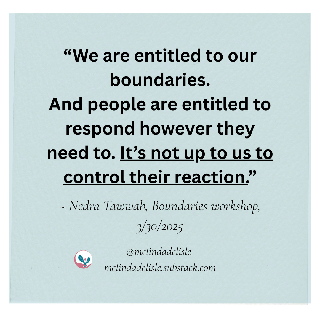 “We are entitled to our boundaries. And people are entitled to respond however they need to. It’s not up to us to control their reaction.” ~ Nedra Tawwab, Boundaries: How to Cultivate Peace in Life & Relationships workshop, 3/28/2025. melindadelisle.substack.com