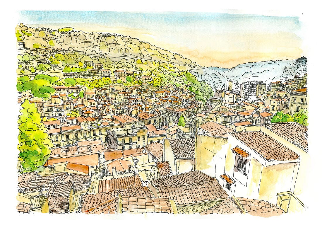 Ink and watercolor sketch of Modica Bassa, terracotta rooftops filling the valley below green hills. Ink and watercolor sketch of Modica Bassa, terracotta rooftops filling the valley below green hills.