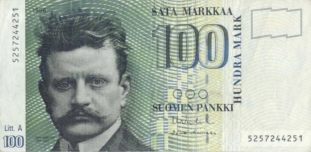 Image of the Finnish 100 mark banknote — featuring a cascading series of greens and the image of a bedheaded, mustachioed Jean Sibelius Image of the Finnish 100 mark banknote — featuring a cascading series of greens and the image of a bedheaded, mustachioed Jean Sibelius
