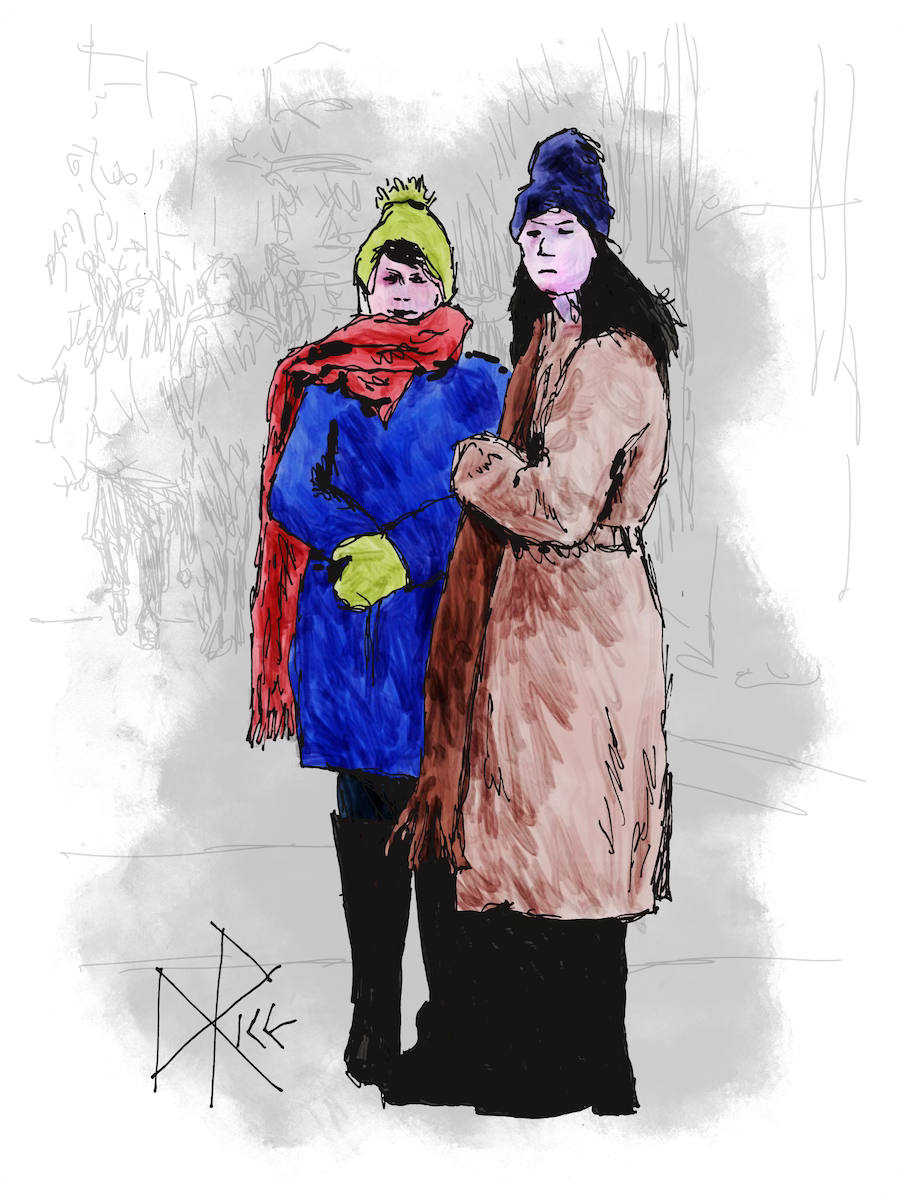 Keeping each other company, two women in winter clothing wait to transform into a crowd when a third finally joins them. Sketch art by Don Rice. Keeping each other company, two women in winter clothing wait to transform into a crowd when a third finally joins them. Sketch art by Don Rice.